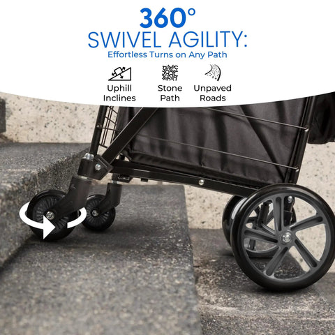 Large Folding Utility Shopping Cart With Removable Liner Heavy Duty Steel Frame 360 Degree Swivel Wheels climbing stairs