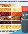 Electric Grain Mill Grinder With Seven Grinding Sieves And 15.8 Gallons next to raw grains and spices display.
