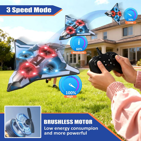 Child flying the Dope Remote Control Foam Fighter Jet With Lights 360 Degree Flips And Stable Hovering Easy RC Airplane Toy outdoors