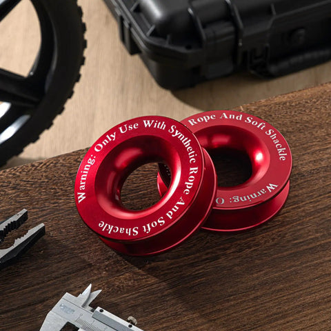 Two Pack Winch Snatch Recovery Ring Block Pulleys 66,000 Lbs For SUV UTV ATV Off Road Trucks Towing Ring With Synthetic Rope And Soft Shackle Red Heavy Duty Recovery Gear Tough Trails. Red aluminum alloy recovery rings with caliper measuring size