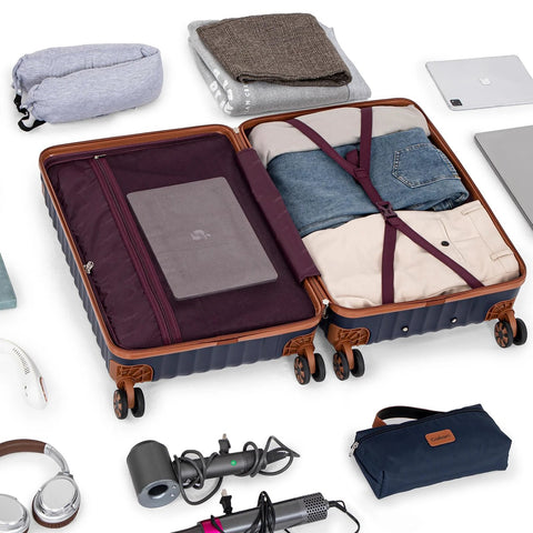 Cosbarn 5-piece hard-shell luggage set with TSA locks and spinner wheels; dark blue ABS suitcases.