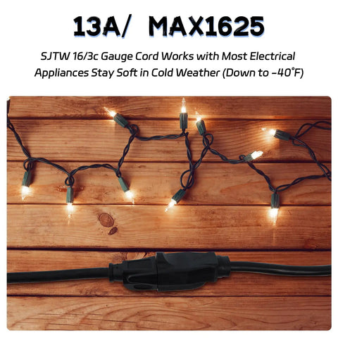 Heavy Duty Outdoor Extension Cord Waterproof 10 Feet Black 3 Prong Grounded Plug 16 Awg 13 Amp Weather Proof Power Cable for Indoor Christmas Lights