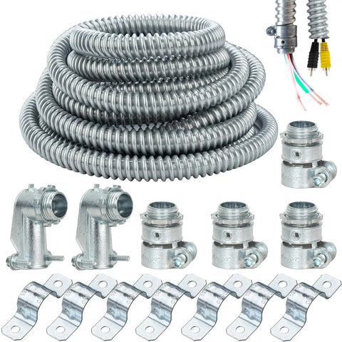 Half Inch Flexible Steel Electrical Conduit Kit With Four Couplings, Two Elbows And Seven Straps, 25 Feet Long