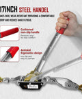Close-up of 2 Ton Come Along Winch With 12 Ft Steel Cable And Dual Gear System, featuring ergonomic cushioned steel handle and hooks.