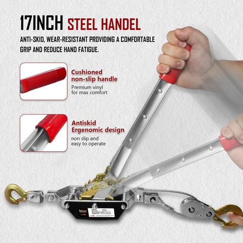 Close-up of 2 Ton Come Along Winch With 12 Ft Steel Cable And Dual Gear System, featuring ergonomic cushioned steel handle and hooks.
