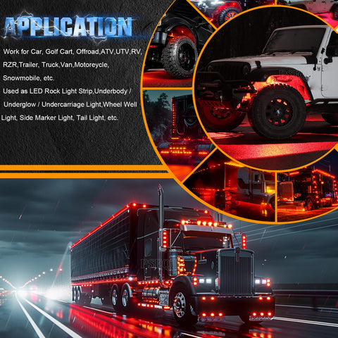 Collage of vehicles with 3.8 Inch LED Rock Lights With Strobe And Steady Modes Waterproof Underbody Kit illuminated on accessories