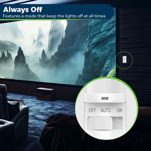 Always off mode of Motion Sensor Switch With Ambient Light Detector And Occupancy Modes, Neutral Wire Required, 5A 360W LED CFL