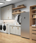 Twenty One Cubic Feet Upright Convertible Refrigerator Freezer Combo With Adjustable Drawers in modern laundry room design.