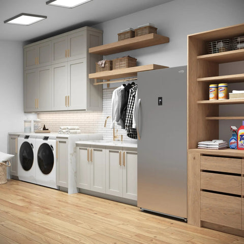 Twenty One Cubic Feet Upright Convertible Refrigerator Freezer Combo With Adjustable Drawers in modern laundry room design.