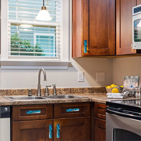 Kitchen view with Four Pack Aqua Aquamarine Blue Water Cabinet Handles Three And Three Quarters Inch Hole Centers Black Drawer Pulls installed.
