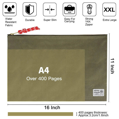 Heavy Duty Canvas Document Holder And Large File Folder Organizer Pouch For Legal And Letter Size Papers With Secure Zipper Closure Making No Sweat Organizing Effortless A Straight Up Game Changer For Daily Office Routines, in army green with dimensions 16x11 inches.