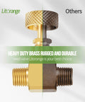 Front view of Litorange brass needle valve with 1/4 in NPT male connections; gold/brass and dark bronze finishes.
