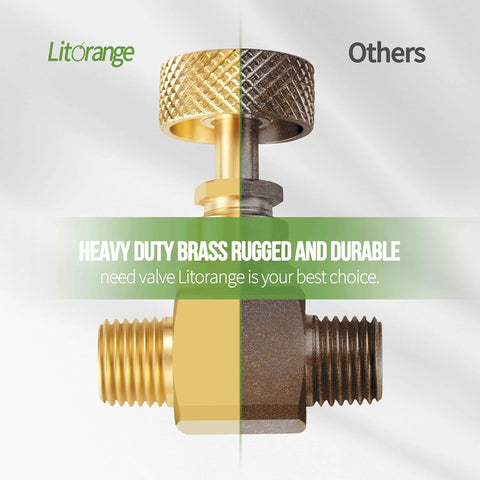 Front view of Litorange brass needle valve with 1/4 in NPT male connections; gold/brass and dark bronze finishes.