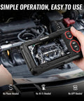 Dual Lens Endoscope With 4.3 Inch IPS Display And 16.4 Foot Cable, 1920P HD Real Time Imaging, Front And Side Cameras, 170 Degree Wide Viewing Angle, Zoom And Brightness Control For Clear Inspections. hand-held inspection camera showing an engine bay
