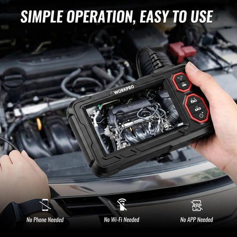 Dual Lens Endoscope With 4.3 Inch IPS Display And 16.4 Foot Cable, 1920P HD Real Time Imaging, Front And Side Cameras, 170 Degree Wide Viewing Angle, Zoom And Brightness Control For Clear Inspections. hand-held inspection camera showing an engine bay