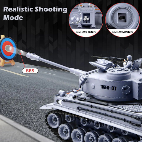 One Eighteenth Scale RC Tiger Tank With BB Shooting in action, aiming at target with detailed close-up of bullet hatch and switch.