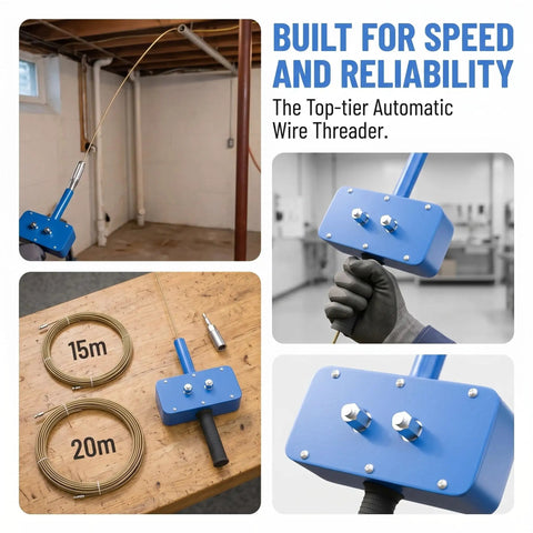 Pro Grade Power Drill Wire Puller With Heavy Duty Steel Body And Twenty Meter Fish Tape included, showcasing manual grip and threading capability.