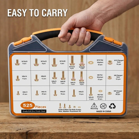 Beefy Metric Flanged Bolts And Nuts Kit Grade 8.8 High Tensile Steel M6 M8 M10 in storage case with yellow zinc plating