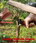 Hand using Bushcraft Hand Auger Wrench For Survival And Camping, Scotch Eye Wood Auger Drill Bit, with leather sleeve outdoors.