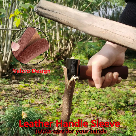 Hand using Bushcraft Hand Auger Wrench For Survival And Camping, Scotch Eye Wood Auger Drill Bit, with leather sleeve outdoors.