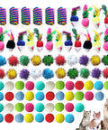 100 Piece Cat Toys Variety Pack For Indoor Cats With Mice Toys Sparkle Balls Soft Pom Poms And Spring Toys Laid Out