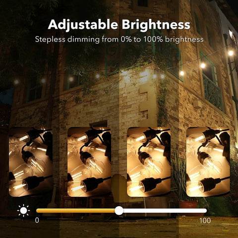 48 Feet Outdoor String Lights With 24 LED Bulbs, Smart Dimmable Shatterproof Patio Lighting showing brightness adjustment