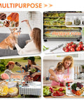 Image collage showcasing uses of Commercial Grade Food Dehydrator With Eighteen Slick Stainless Steel Trays Dual Airflow Fans.