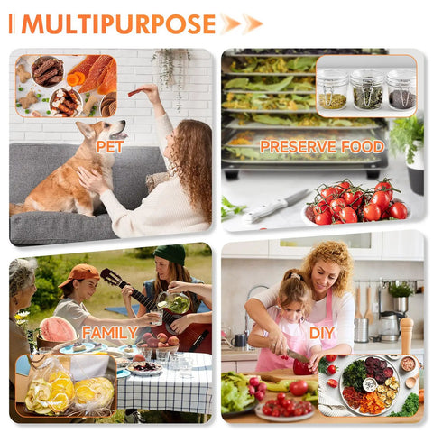 Image collage showcasing uses of Commercial Grade Food Dehydrator With Eighteen Slick Stainless Steel Trays Dual Airflow Fans.