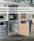 Dead Set Secure Heavy Duty Aluminum RV Door Holder And Trailer Latch For Camper And Cargo Van With Tough As Nails Rubber Socket Plug And Play Design Includes All Mounting Screws package including 2 RV door holders and screws.