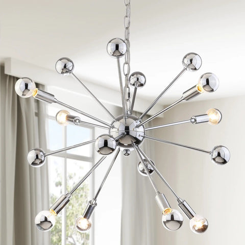 Chrome 8 Light Sputnik Chandelier, Adjustable Height Hanging Fixture For Living Room, Dining Room, And Bedroom, Modern Transitional Style, LED Bulbs Included, Energy Saving Home Lighting in a bright interior.