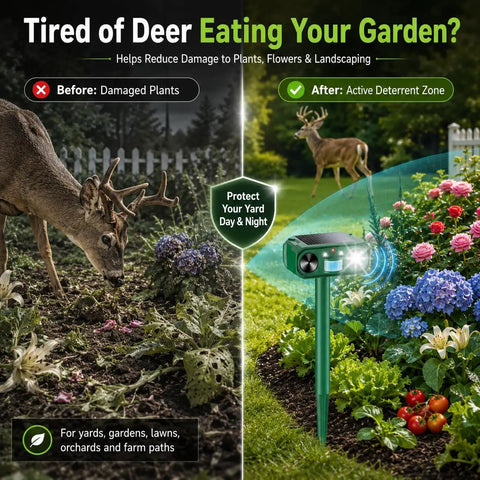 Solar Ultrasonic Deer Repellent With Motion Sensor and Flash Light for Outdoor Garden Yard Protects Flowers Vegetables and Plants From Deer Cats and Rabbits in split before-after yard scene