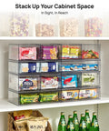 Stackable Storage Drawers Set Of 4 Clear Plastic Organizer Bins filled with snacks on pantry shelf for better organization
