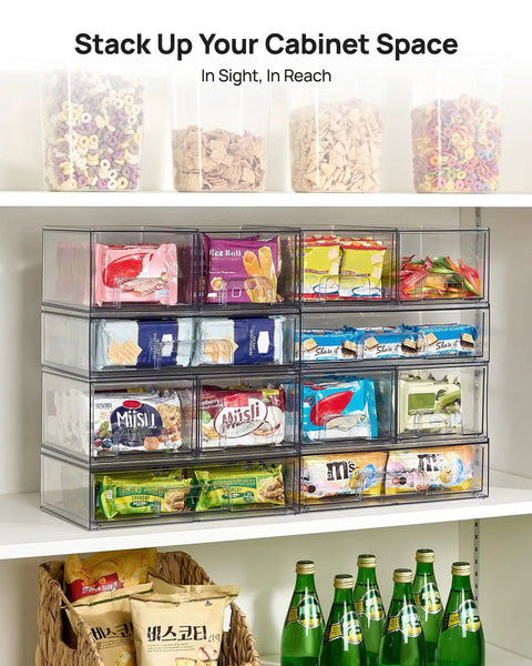 Stackable Storage Drawers Set Of 4 Clear Plastic Organizer Bins filled with snacks on pantry shelf for better organization