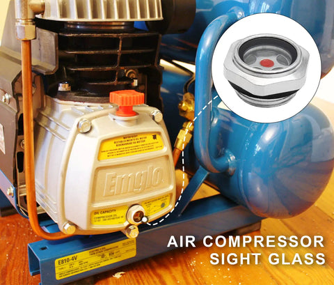 4 Pack Aluminum Oil Sight Glass For Air Compressors Pro Grade Three Quarter Inch NPT Male Threaded Liquid Level Gauge installed on compressor