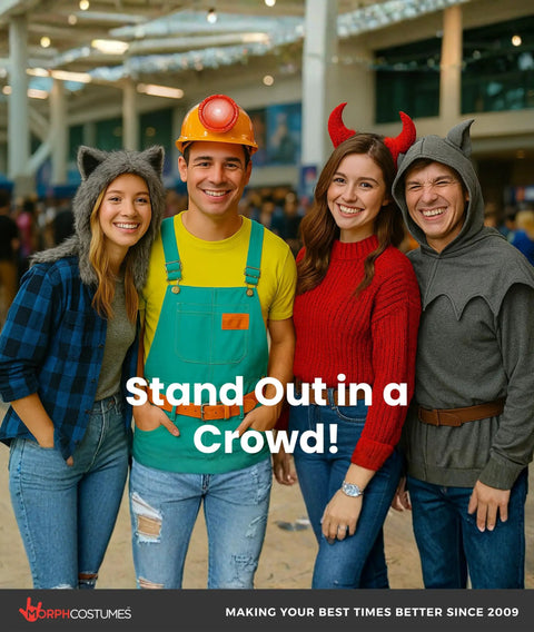 Group in costumes including Yellow Hard Hat With Light For Construction Cosplay, Gold Miner Costume Accessory.