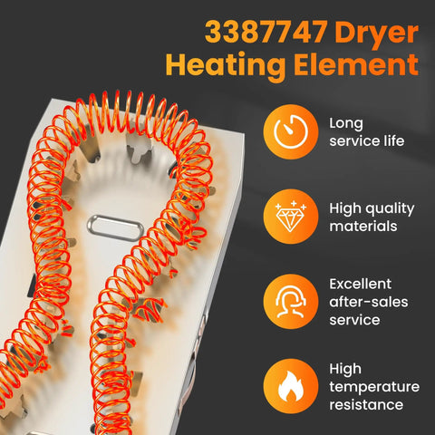 Dryer Heating Element Replacement for Kenmore Whirlpool Maytag Fits 3387747 WP3387747 PS11741416 W11344457 shown close-up