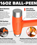 Close-up of 16 oz ball-peen hammer with orange PVC surface, part of Dead Blow Hammer Set 3 Piece Kit With 1.5 Lb Dead Blow 12 Oz Brass Cap Hammer 16 Oz Ball Peen Brass Head No Rebound Design Unibody Molded Checkered Grip Your Go To Tool For Home Repair And Garage Use.