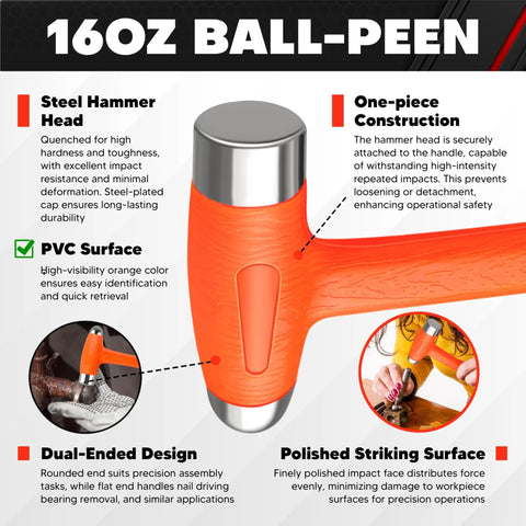 Close-up of 16 oz ball-peen hammer with orange PVC surface, part of Dead Blow Hammer Set 3 Piece Kit With 1.5 Lb Dead Blow 12 Oz Brass Cap Hammer 16 Oz Ball Peen Brass Head No Rebound Design Unibody Molded Checkered Grip Your Go To Tool For Home Repair And Garage Use.