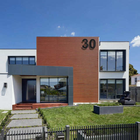 Modern 12 Inch Outdoor Address Number 30 in Stainless Steel Floating Design on House Exterior