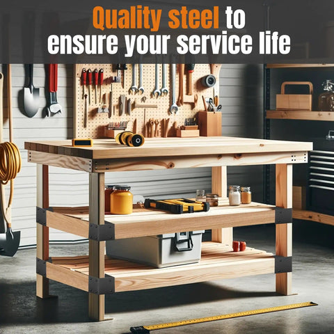 Beefy 8 Piece Workbench Bracket Kit With 64 Screws For DIY Work Table Built To Fit 2x4 Lumber Real Size 1.5x3.5 Inch Right Angle Corner Brackets Black For A Sturdy Shop Setup installed on wooden workbench in workshop.