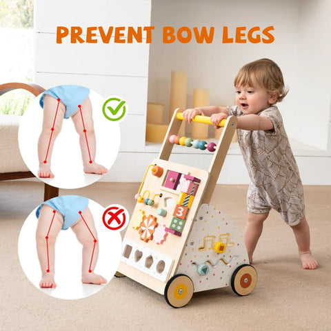 Flat Out Favorite For Little Kiddos With This Wooden Baby Walker Activity Center Packing 10 In 1 Sensory Play Modules Like Bead Mazes Shape Sorters And Bells To Spark Rapid Growth At 18 Months Plus, child using activity center.