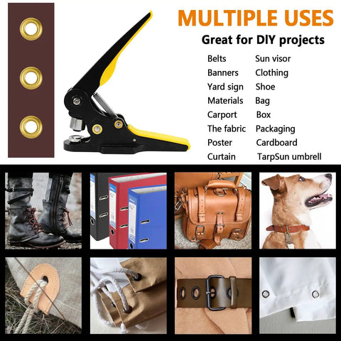 Heavy Duty Grommet Tool Kit And Eyelet Punch Machine With Three To Five Inch Die Comes With 80 Gold Brass Grommets For Tarp Leather Fabric And Curtain Projects shown with uses