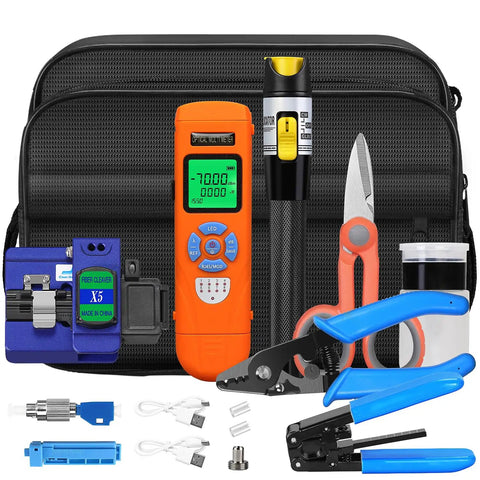 Pro Grade All In One Fiber Optic Tool Kit With Rechargeable Power Meter L C7 Visual Fault Locator Fiber Cleaver X5 Wire Stripping Pliers