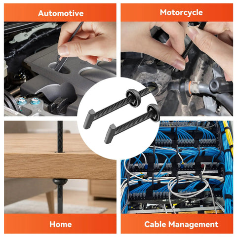 V Shaped Nylon Cable Tie Buckles Pack For Cars And Home Use showing installation in automotive and cable management