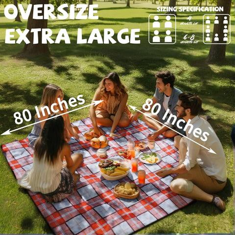 Oversized Picnic Blanket 80 By 80 Inches Waterproof And Sandproof For Beach Park Camp Ground Mat with four people enjoying a picnic.