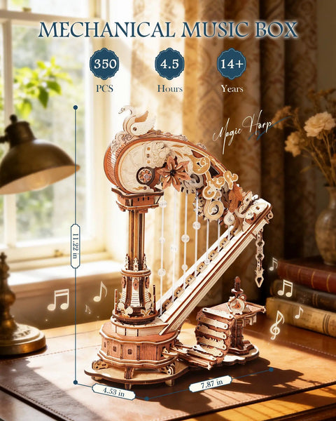 3D Wooden Puzzle Harp Music Box With Mechanical Movement Building Kit Dope Gears That Pluck Strings To Play Ave Maria, 11.22 in