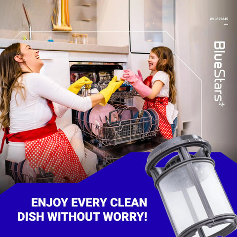 Mother and daughter using dishwasher with Upgraded Dishwasher Pump Filter Cup Replacement for Whirlpool Kenmore Amana KitchenAid