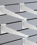 12 Inch Slatwall Shelf Brackets With Lip Heavy Duty Metal Slatwall Brackets Bulk Pack Of 10 mounted on wall for shelving display