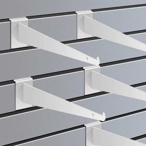 12 Inch Slatwall Shelf Brackets With Lip Heavy Duty Metal Slatwall Brackets Bulk Pack Of 10 mounted on wall for shelving display