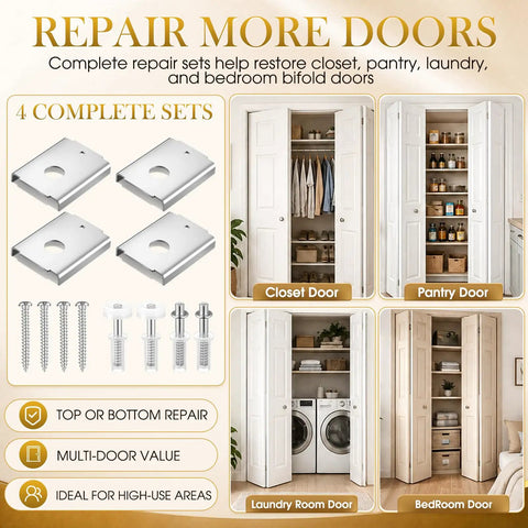 Easy Install 4 Pack Bifold Door Repair Kit With Metal Brackets And Pivot Accessories For One And Three Eighths Inch Wood Doors.